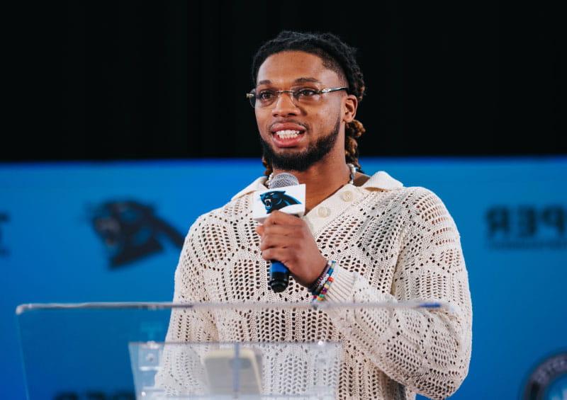 Buffalo Bills safety and cardiac arrest survivor Damar Hamlin has become a prominent proponent for CPR training and public access to automated external defibrillators, or AEDs. In 2023, he spoke to Carolina Panthers players and others at an American Heart Association CPR and AED training event. (Photo courtesy of Chanelle Smith-Walker/Carolina Panthers)